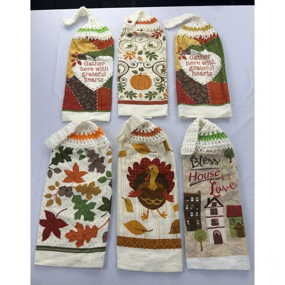2008 Thanksgiving Hanging Kitchen Towels Lot 6 Crochet Top Turkey Fall Harvest